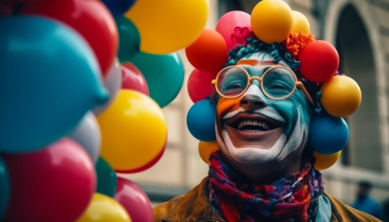 Joyful men celebrate with colorful balloons outdoors generated by AI