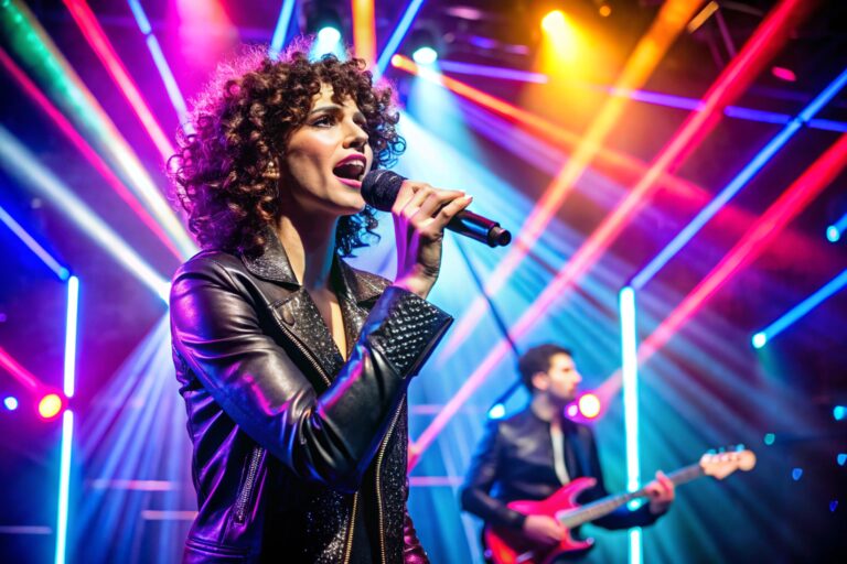 Singer with microphone in neon lights on stage