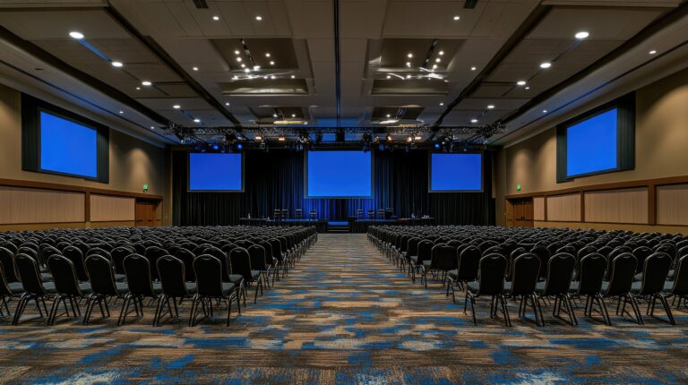 Large seminar room with multiple screens and sound system setup, ready for a corporate event, empty chairs