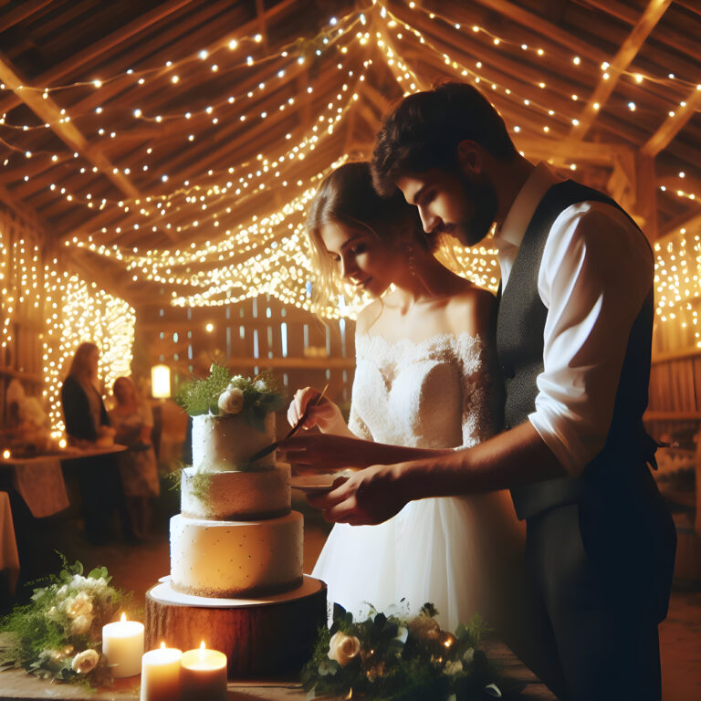 rustic-barn-adorned-with-twinkling-fairy-lights-bride-groom-lovingly-slice-into-their